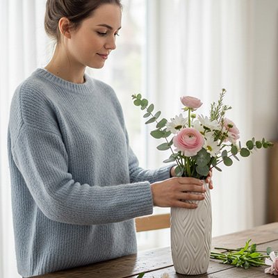 Vase femme fait un arrangement de fleurs